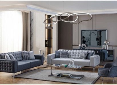 Chesterfield Graue Sofagarnitur Wohnzimmer Couchen Dreisitzer+Sessel